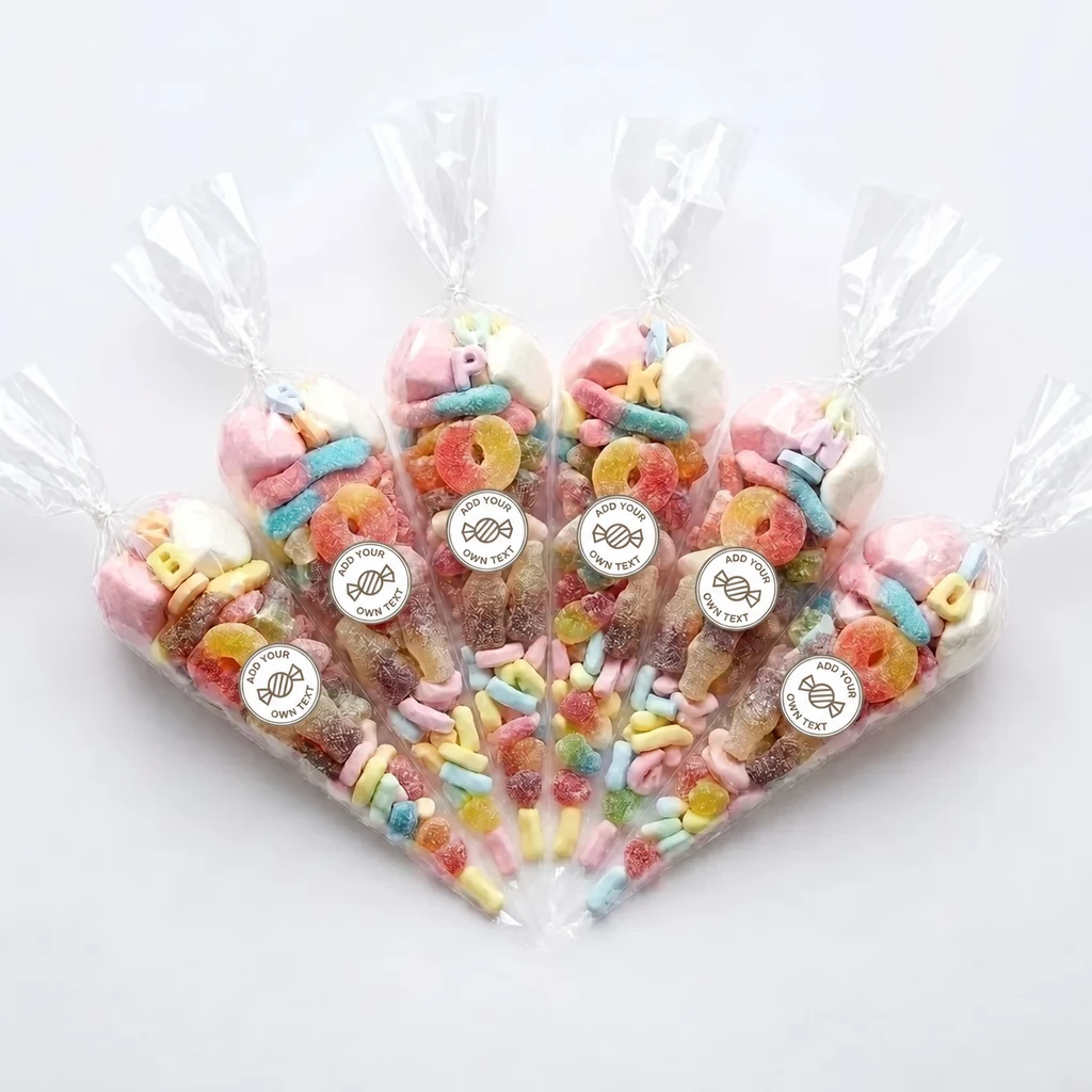 Cellophane sweet cones sealed with personalised stickers
