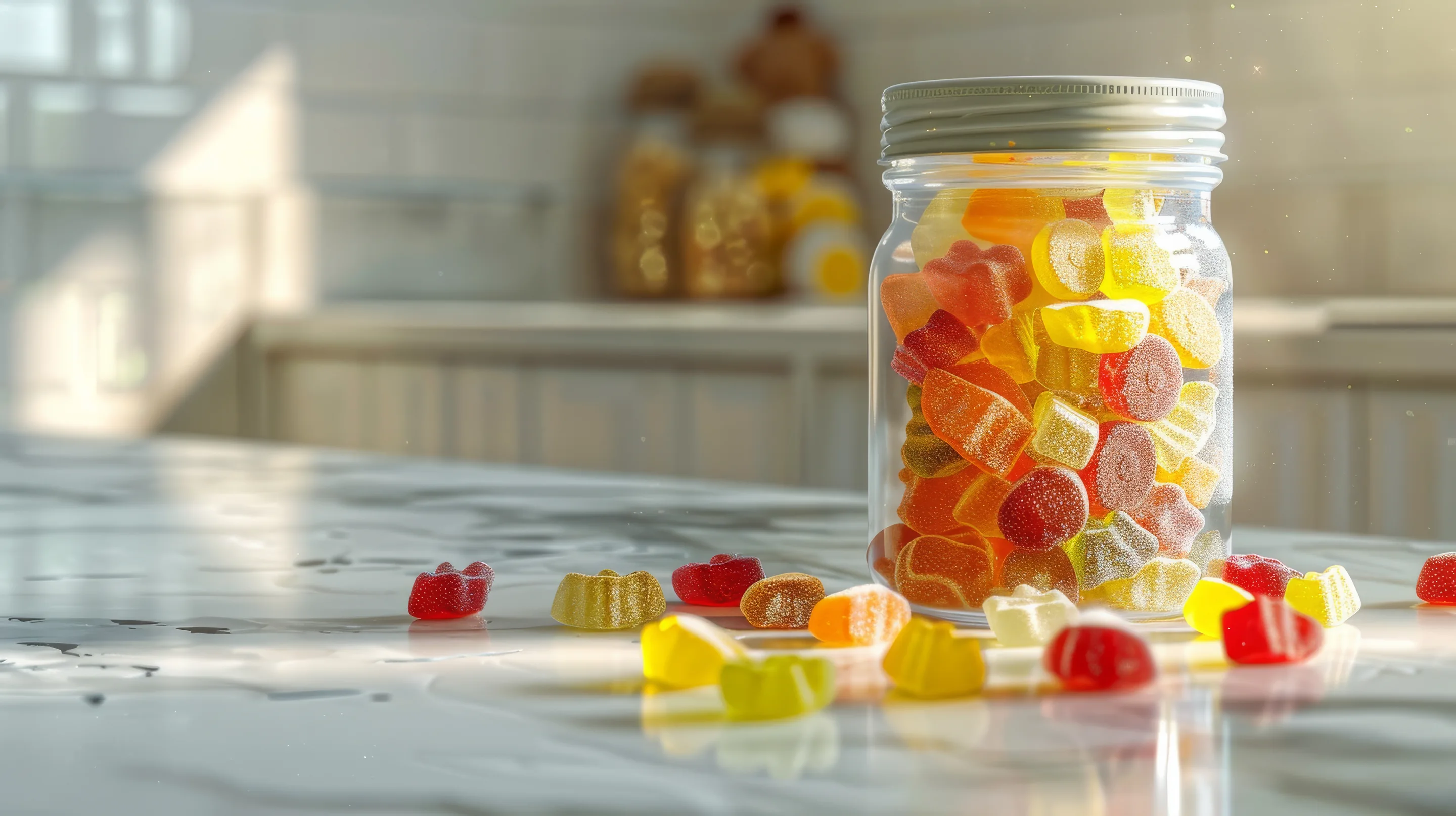 A Victorian-style jar of gummy sweets on a marble worktop in warm morning light