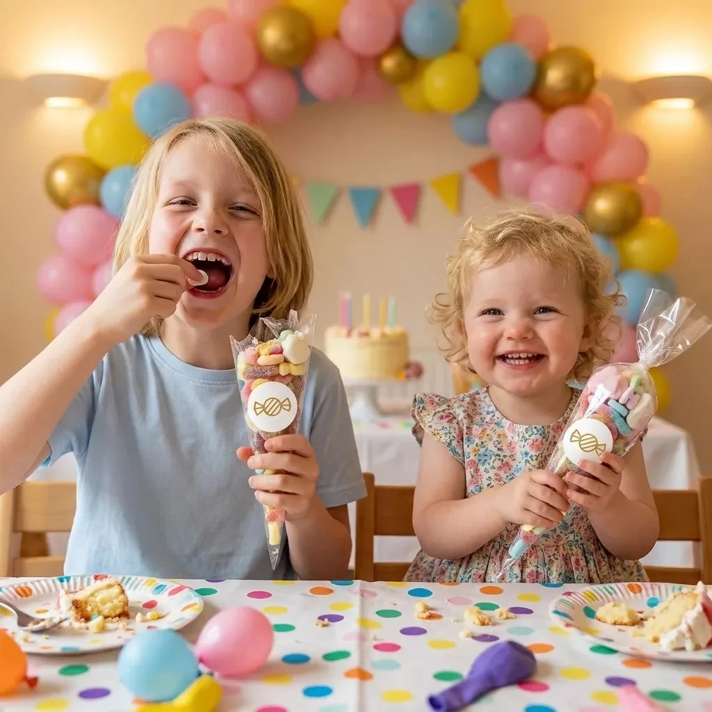 A spread of themed sweet cones laid out at a children's party