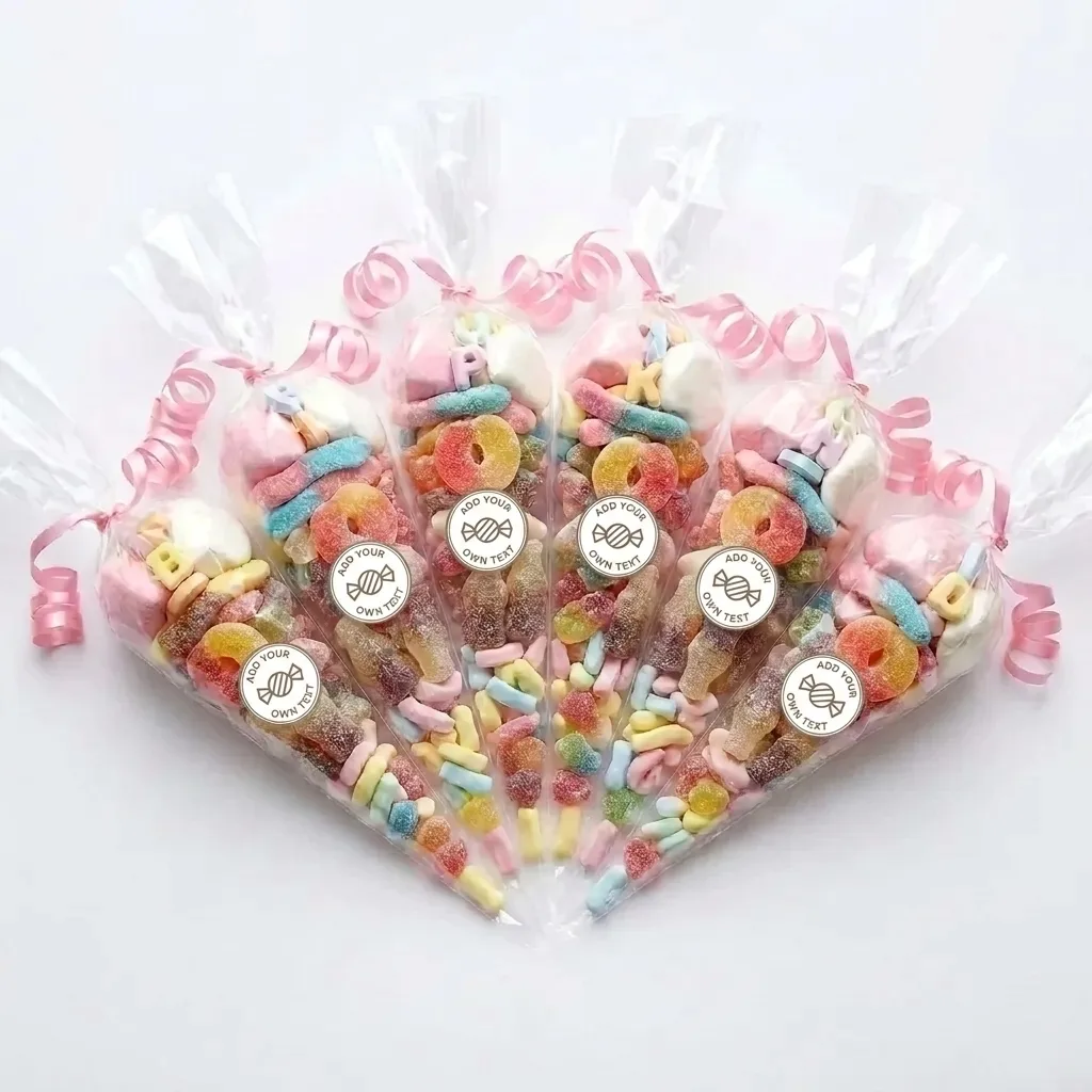 Cellophane sweet cones tied with ribbon