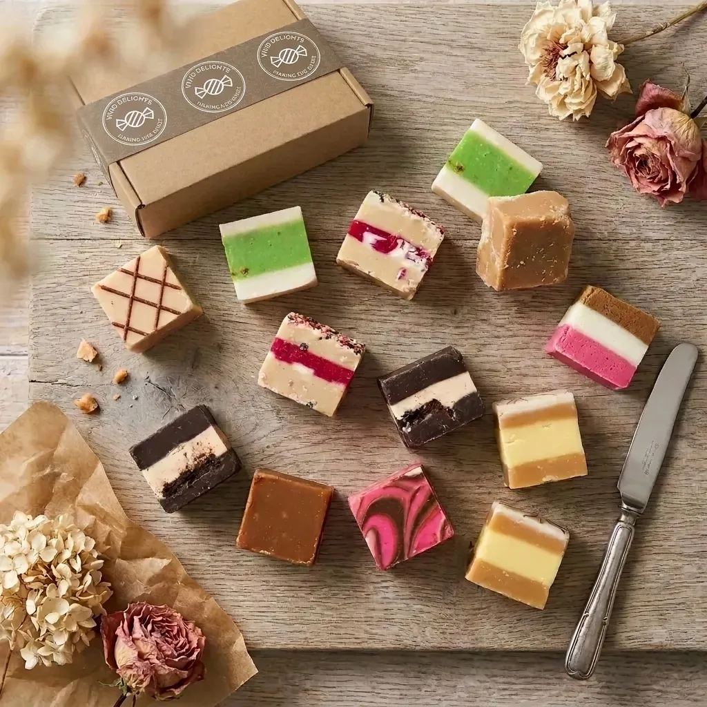 A flatlay of layered artisan fudge slices beside a branded Vivid Delights gift box