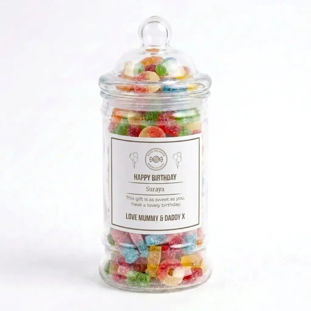 A Happy Birthday personalised sweet jar packed with pick & mix