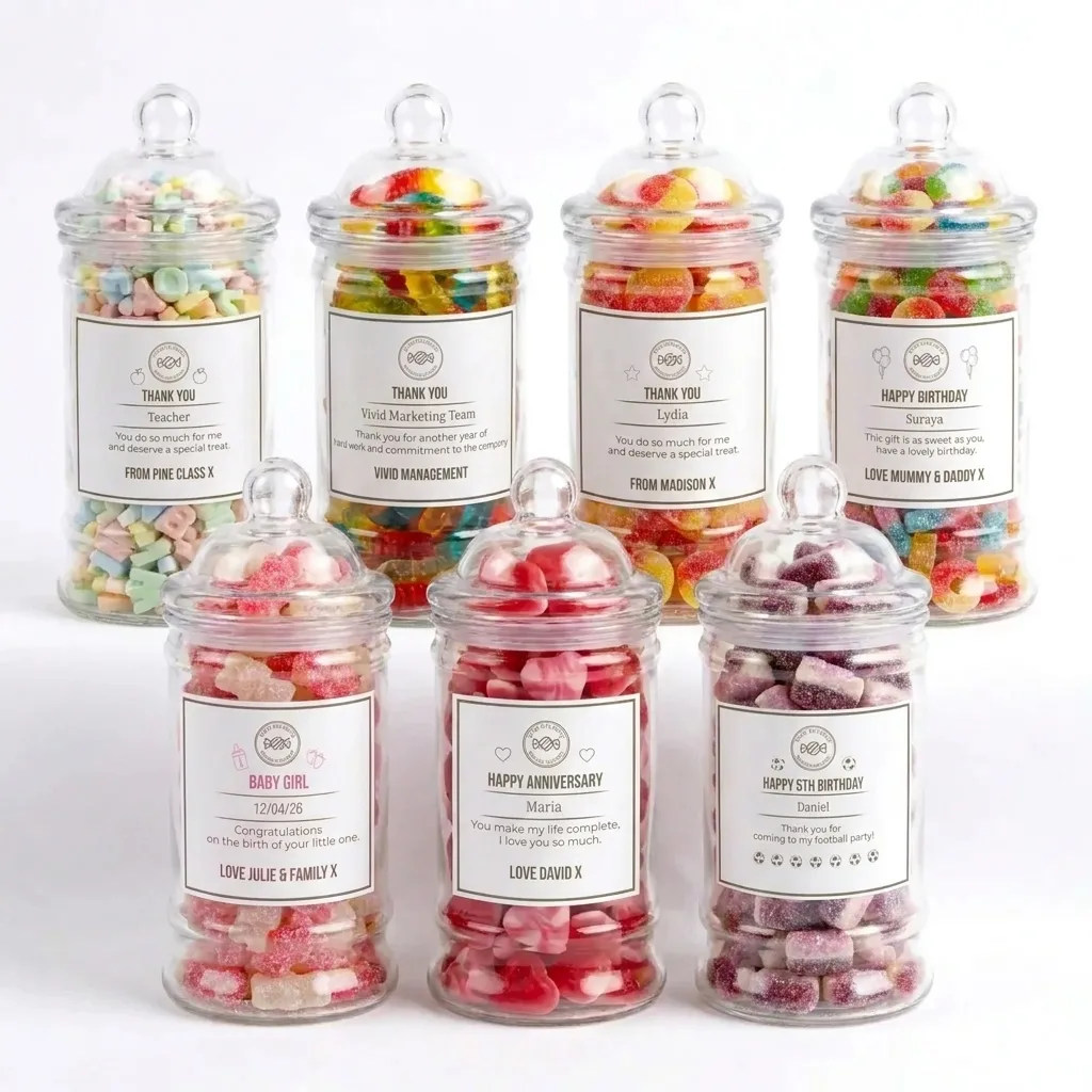 A line-up of personalised Vivid Delights sweet jars