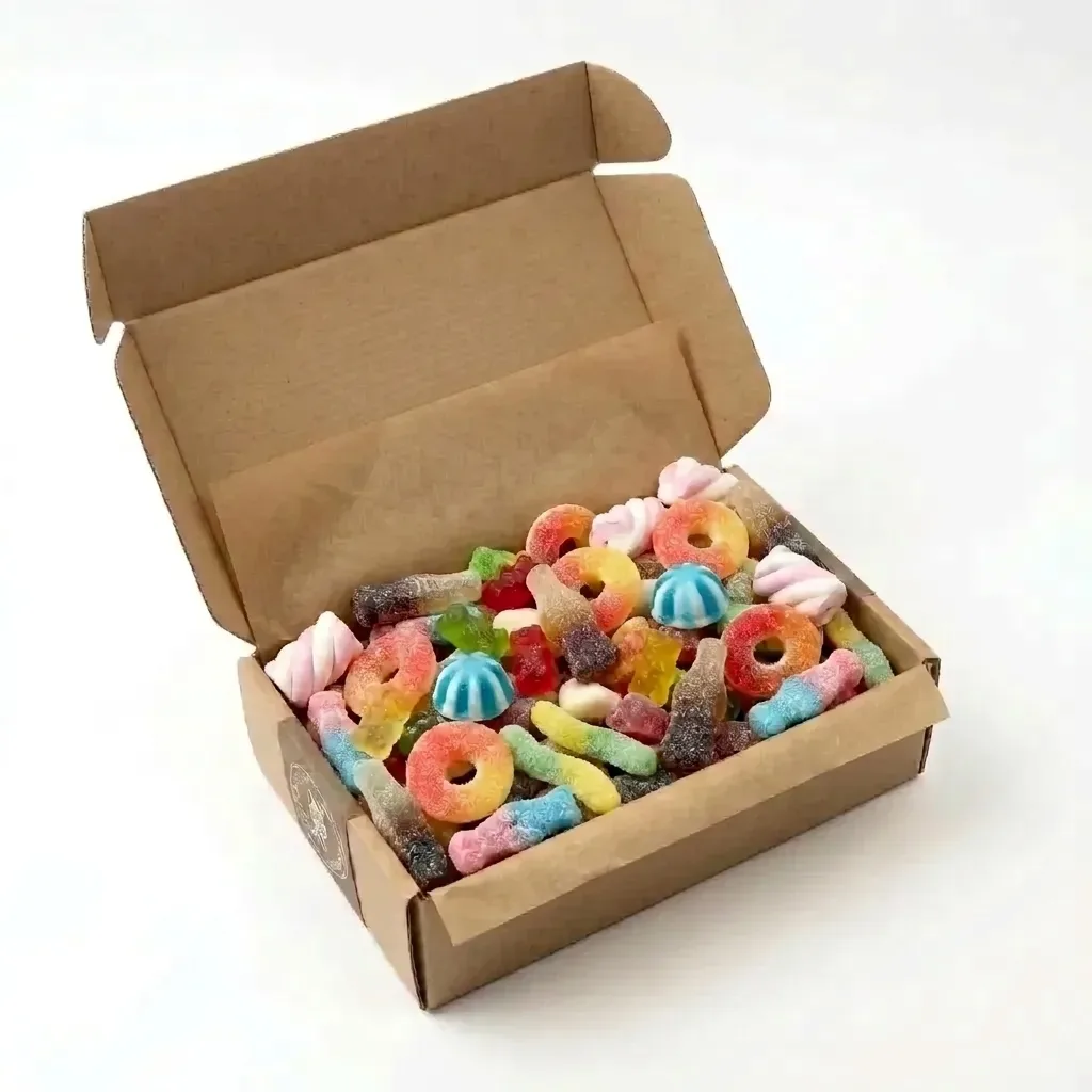 An open kraft pick and mix box filled with fizzy gummies, sour rings and marshmallows