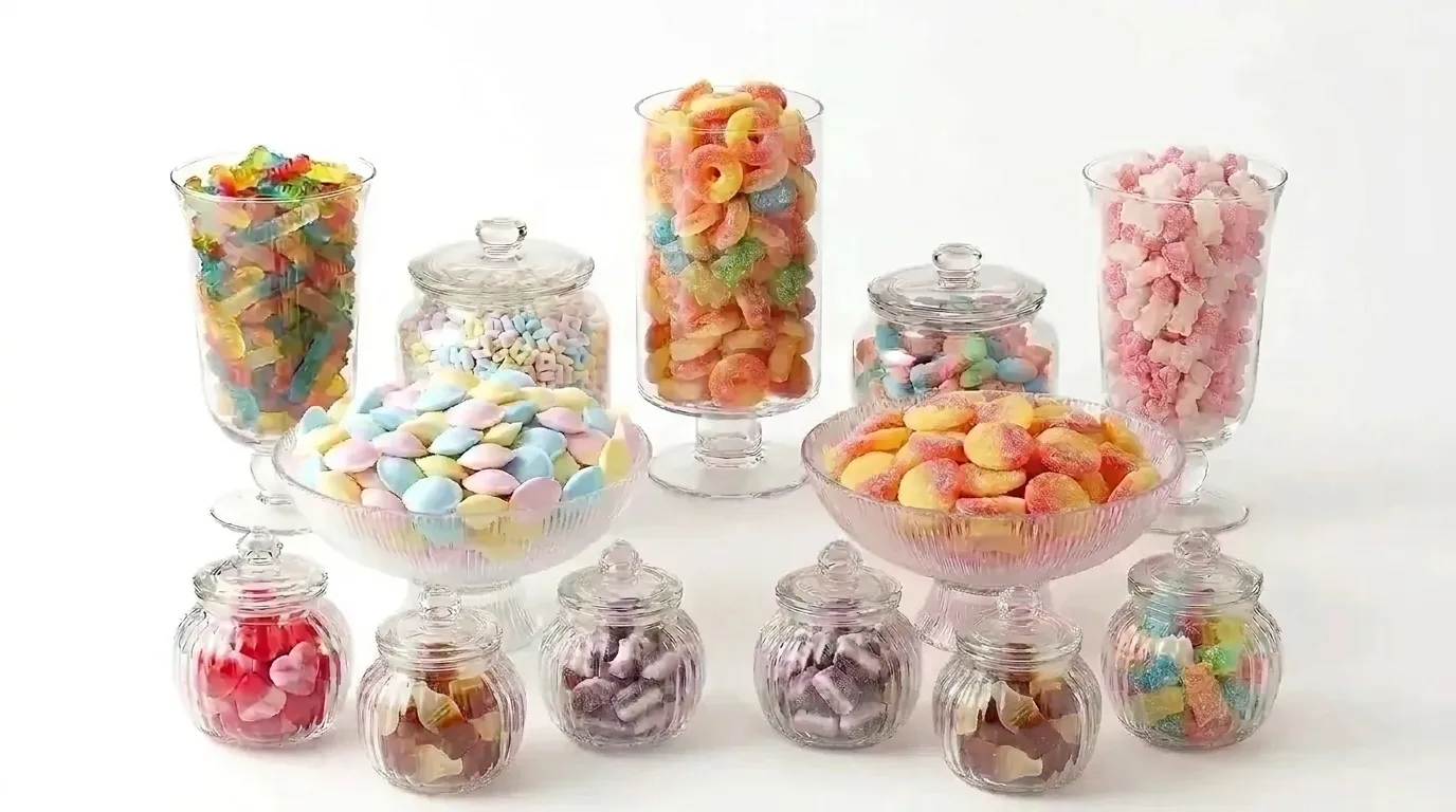 A white Victorian sweet cart dressed with glass jars of pick and mix sweets